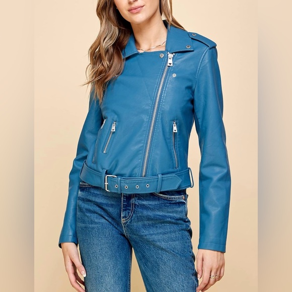 Faux Leather Zip Up Moto Biker Jacket -blue - Picture 3 of 7